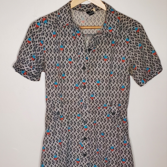 Memphis-Style Printed Vintage 80s Look Patterned Button-Up Shirt Dress - Picture 2 of 14
